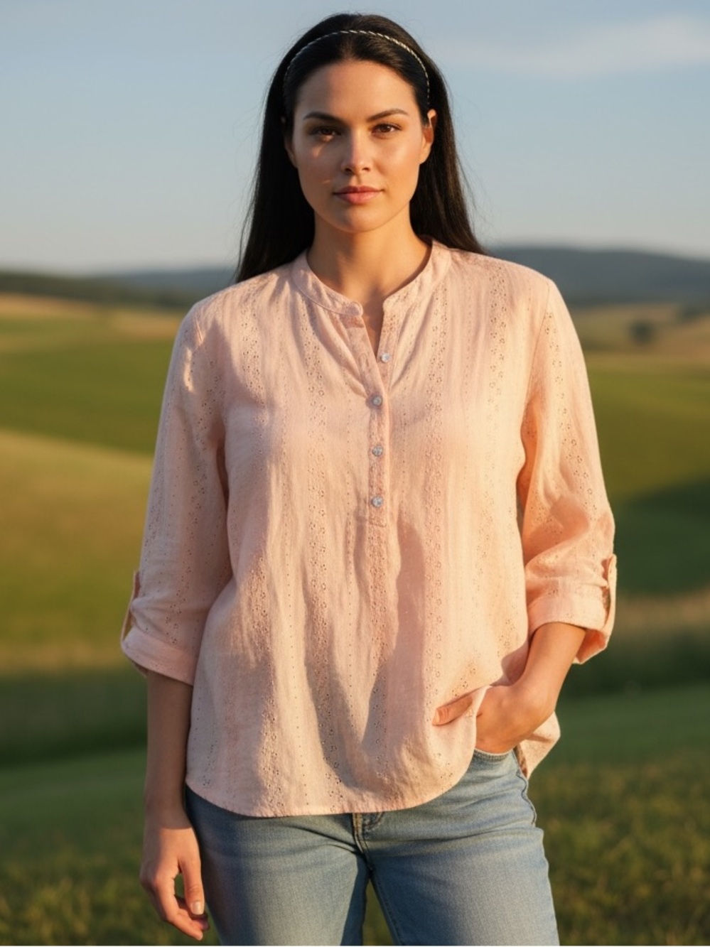 Denim&Co Light Coral Eyelet Blouse